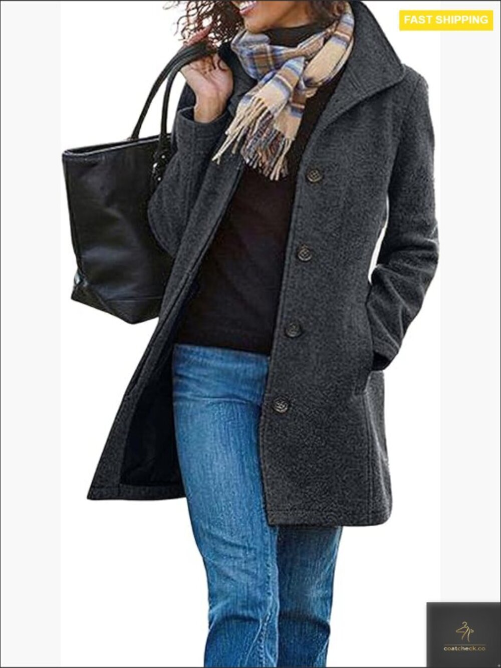 Classic Wool Pea Coat Elegant Loose Fit Thigh Length Winter Outerwear